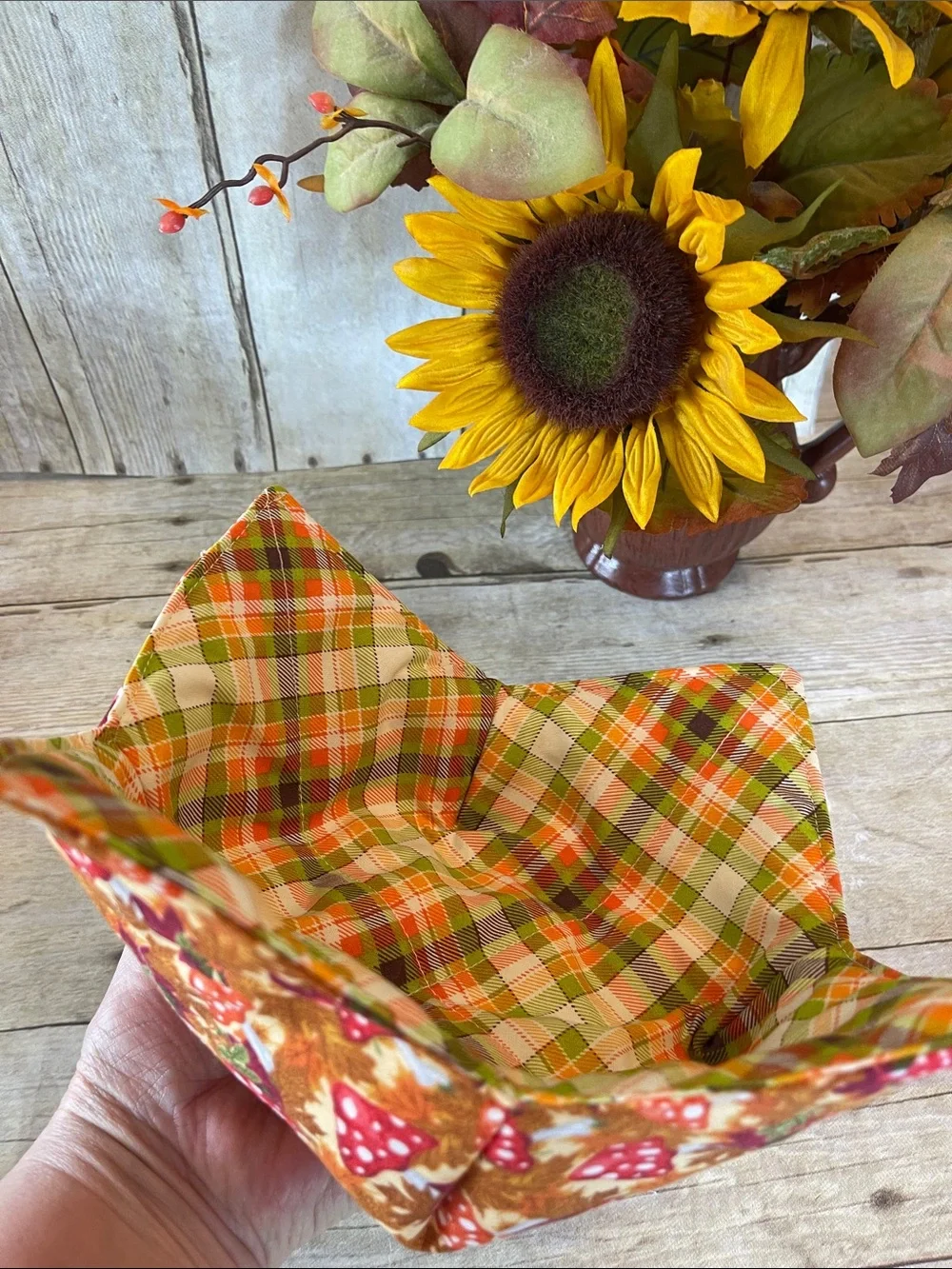 Microwave Bowl Cozy Fabric Bowl Fall/Autumn Mushrooms/Plaid Orange Brown Red